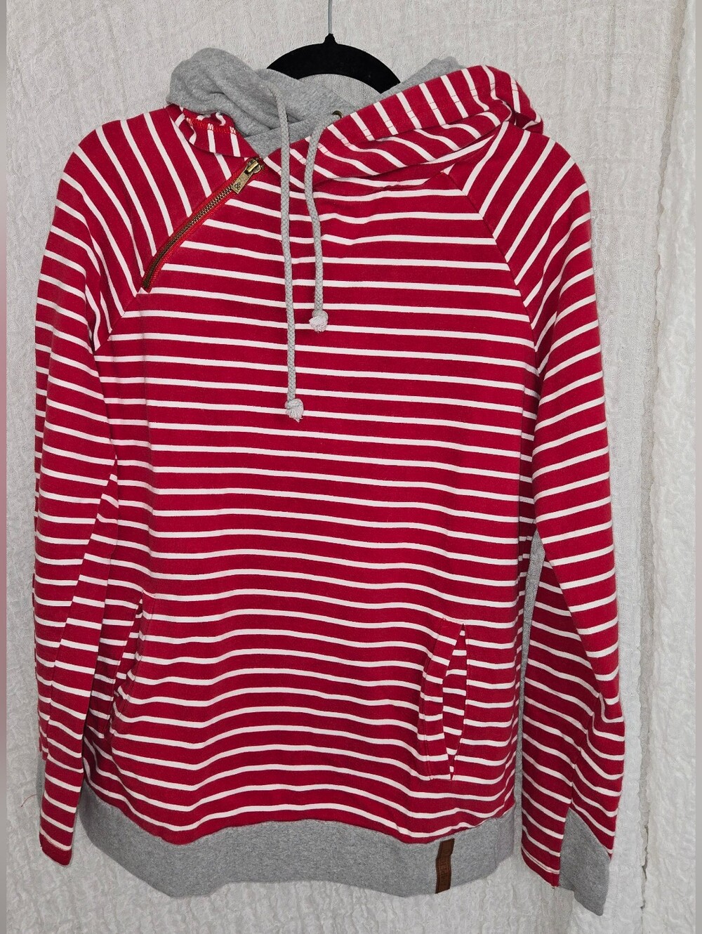 Ampersand Size Large Red & White Striped Doubl Hooded Pullover with Gray Accents